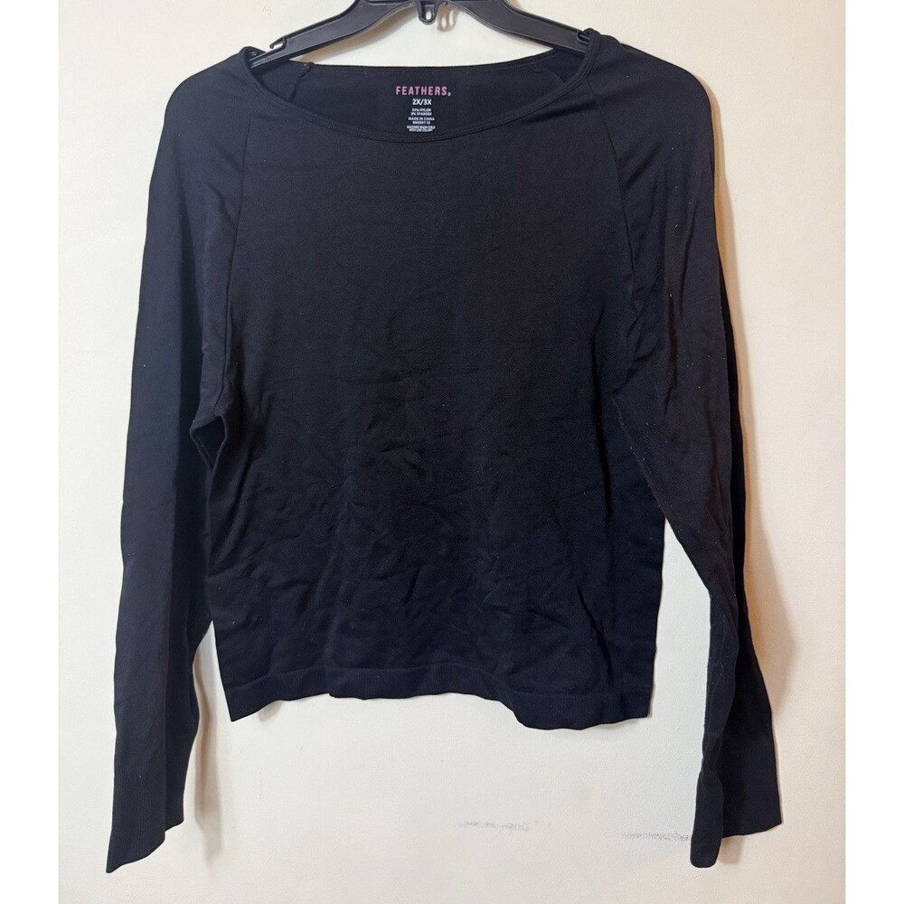 FEATHERS Women's Plus 2X/3X Black Knit Long Sleeve Scoop Neck Stretch Top